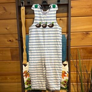 Light Blue & White Striped Kids Overalls with Duck Appliques